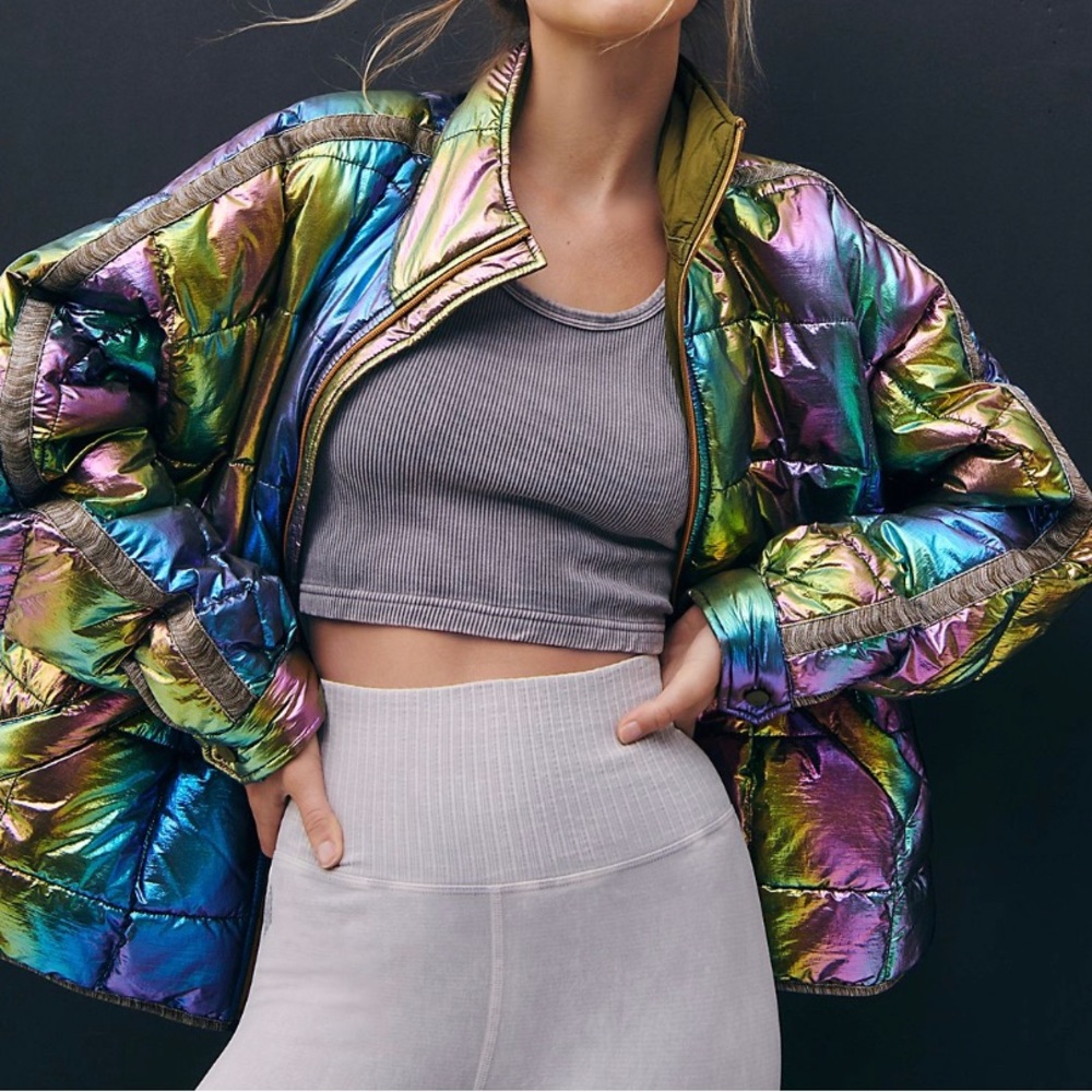 FreePeople TimeToShine Packable Puffer Jacket Iridescent w olive lining&trim Lrg
